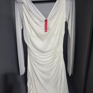 Draped White Long-Sleeve Sparkle Dress